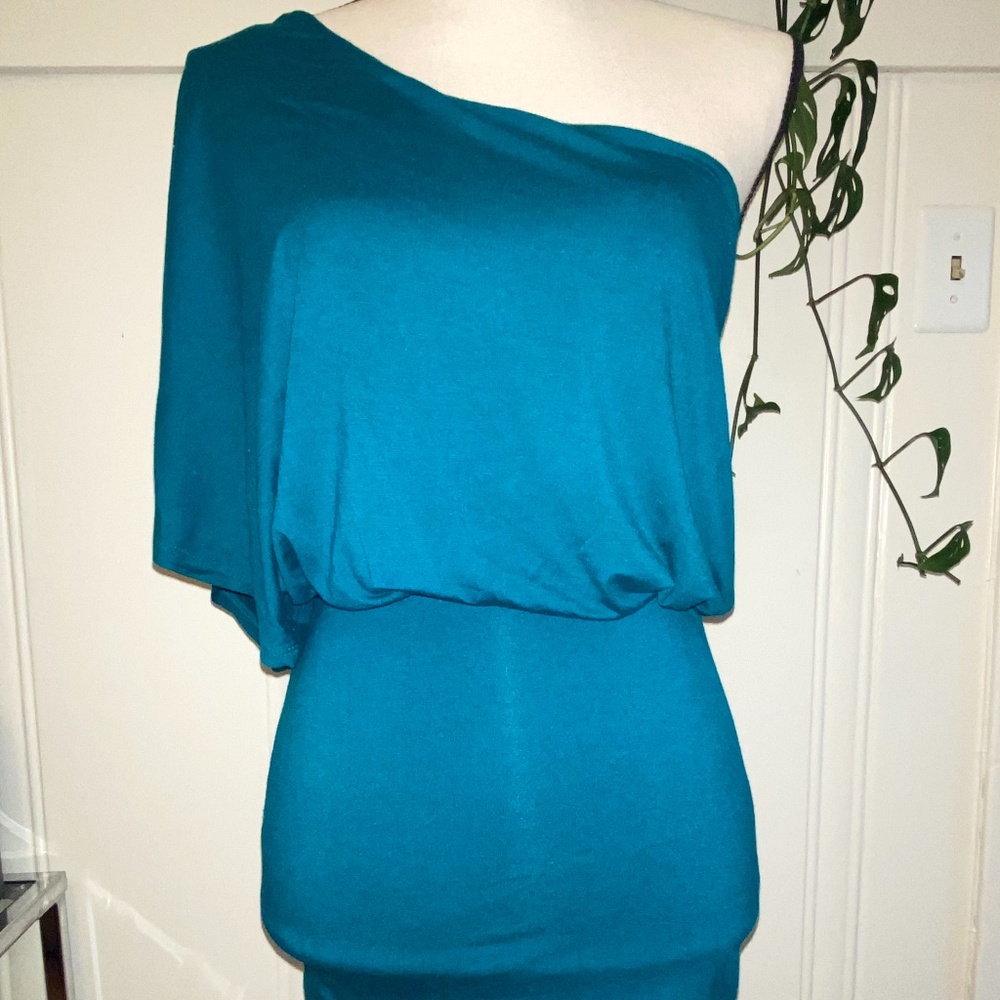 Off the shoulder teal mini dress
